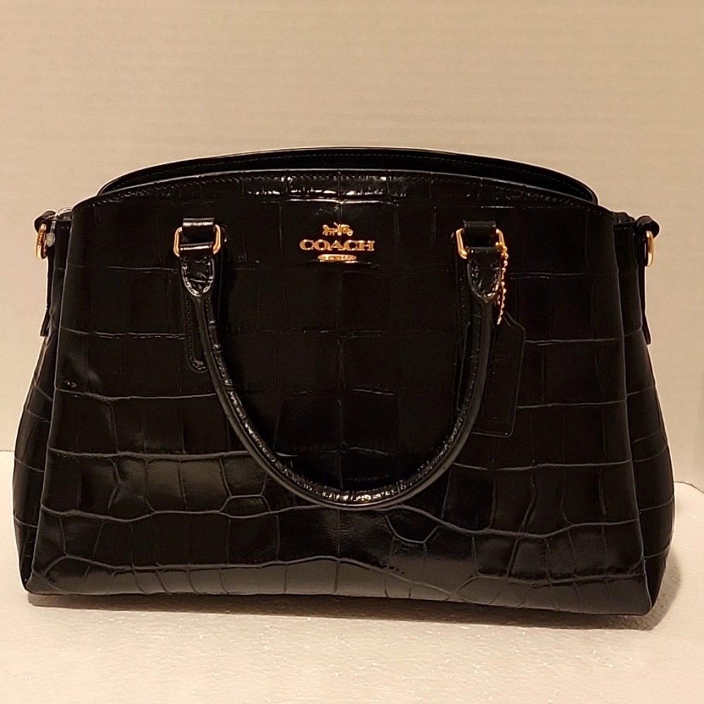 Coach Black and Gold Embossed Croc Leather Sage Carryall Purse w Crossbody Strap